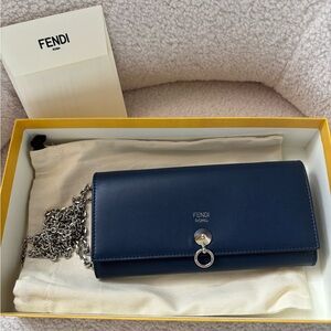 Fendi Navy Leather Wallet with Silver Chain